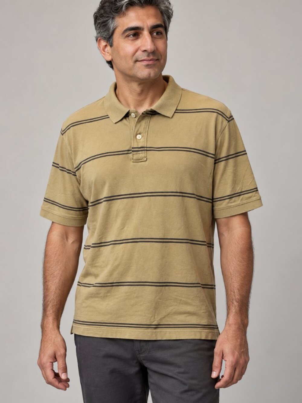 J.Crew Men's Large Tan Navy Striped 100% Cotton Short Sleeve Polo Shirt